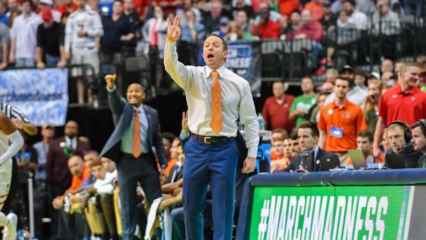 Florida Gators head coach Mike White in the second round of the NCAA March Madness Men's Basketball game between the Texas Tech Red Raiders and the Florida Gators at the American Airlines Center in Dallas, TX Texas defeated Florida 69-66 Albert Pena/CSMNCAA March Madness Basketball Texas Tech vs Florida, Dallas, USA - 16 Mar 2018.
