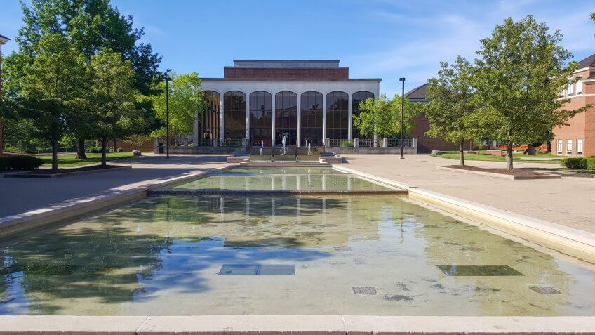 Oxford, OH, May 30, 2016, Miami University Center for Performing Arts building with long reflecting pool.