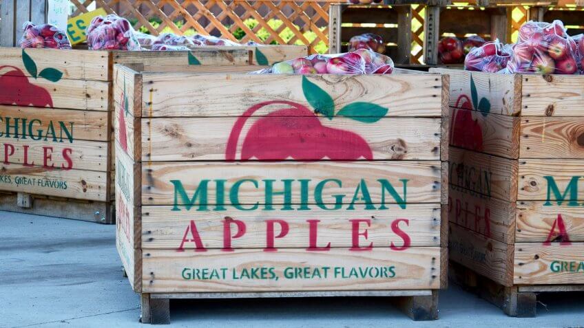 September 12 2014 Michigan USA; large boxes of juicy Michigan Apples for sale in a Michigan farm store.