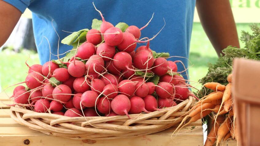 A basket of radishes at a farmers market in Albuquerque, New Mexico.