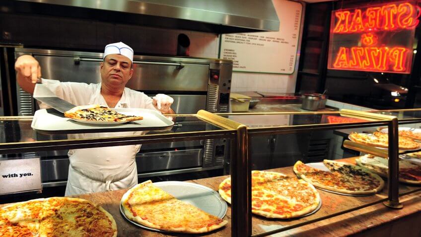 NEW YORK CITY - OCT 11 2009:Pizza chef preparing NYC Pizza Pizzeria restaurant in Manhattan New York.
