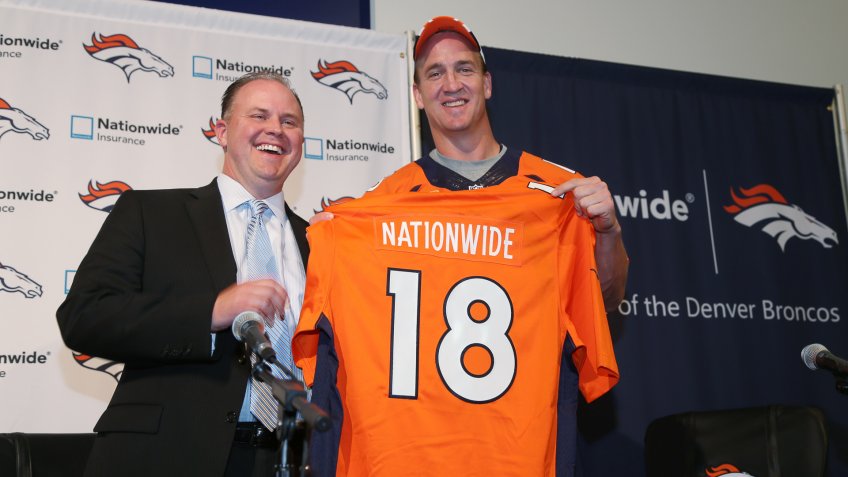 Mandatory Credit: Photo by David Zalubowski/AP/Shutterstock (5929304g)Matt Jauchius, Peyton Manning Matt Jauchius, chief marketing officer for Nationwide Insurance, jokes with Denver Broncos quarterback Peyton Manning at news conference to announce Manning's partnering as well as the team's expanded connection with the insurance company after players took part in the team's NFL football minicamp at the Broncos' headquarters in Englewood, Colo.