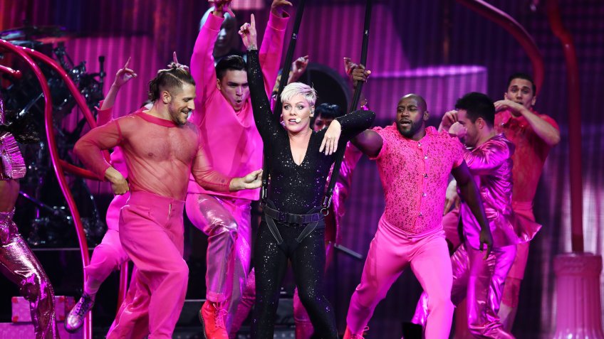 American singer Pink performs her Beautiful Trauma World Tour, at Qudos Bank Arena, in Sydney, Australia, 11 August 2018.