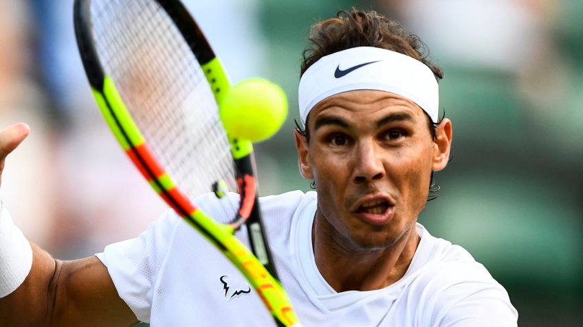 Mandatory Credit: Photo by Javier Garcia/BPI/Shutterstock (10331432im)Rafael Nadal during his Men's Singles quarter finalWimbledon Tennis Championships, Day 9, The All England Lawn Tennis and Croquet Club, London, UK - 10 Jul 2019.