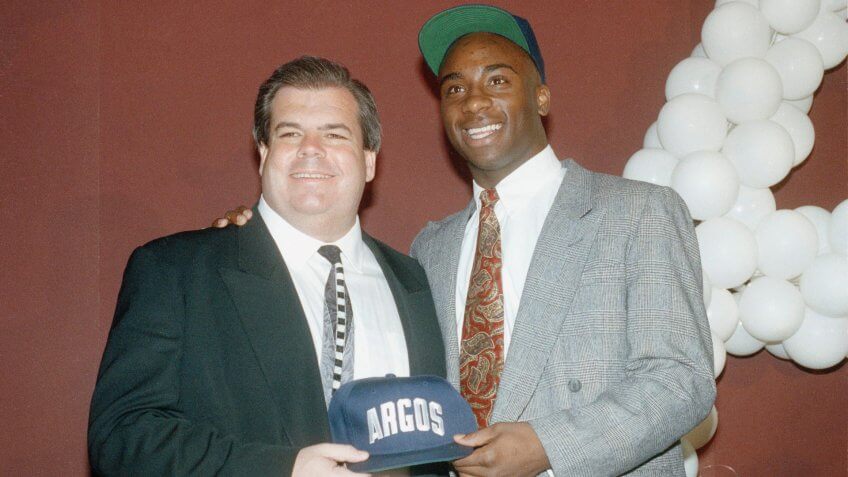Mandatory Credit: Photo by Kevork Djansezian/AP/Shutterstock (6537661a)Raghib Ismail, Rocket Ismail, Bruce McNall Raghib "Rocket" Ismail, left, and Toronto Argonauts co-owner Bruce McNall are all smiles after Ismail signed to play with the Toronto Argonauts of the Canadian Football League, in Los Angeles, .