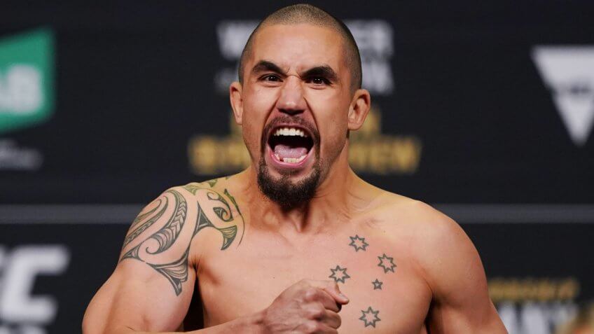 Mandatory Credit: Photo by MICHAEL DODGE/EPA-EFE/Shutterstock (10436830a)Robert Whittaker of Australia reacts after weighing in during the UFC 243 Weigh In Day at Marvel Stadium in Melbourne, Victoria, Australia, 05 October 2019.