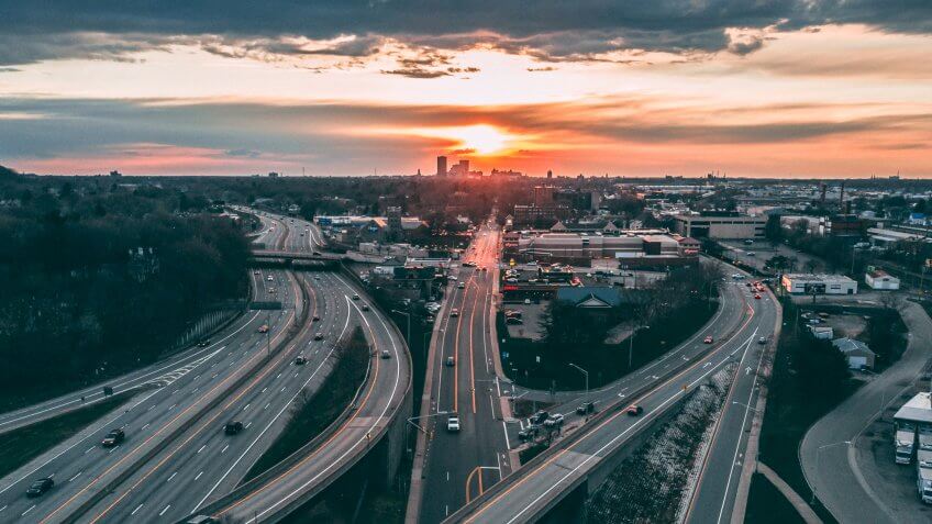 Rochester New York Aerial View Sunset, Route 490 Sunset over Rochester.