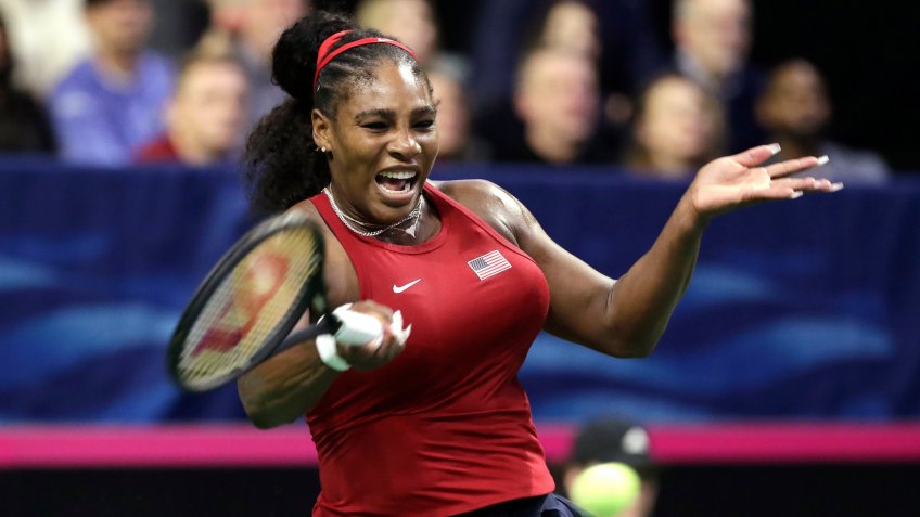 Mandatory Credit: Photo by Elaine Thompson/AP/Shutterstock (10551297o)United States' Serena Williams returns a shot against Latvia's Jelena Ostapenko during a Fed Cup qualifying tennis match, in Everett, WashFed Cup US Latvia Tennis, Everett, USA - 07 Feb 2020.