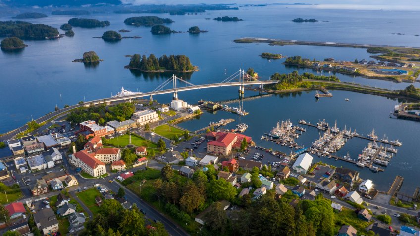 Downtown of Sitka Alaska at sunset.