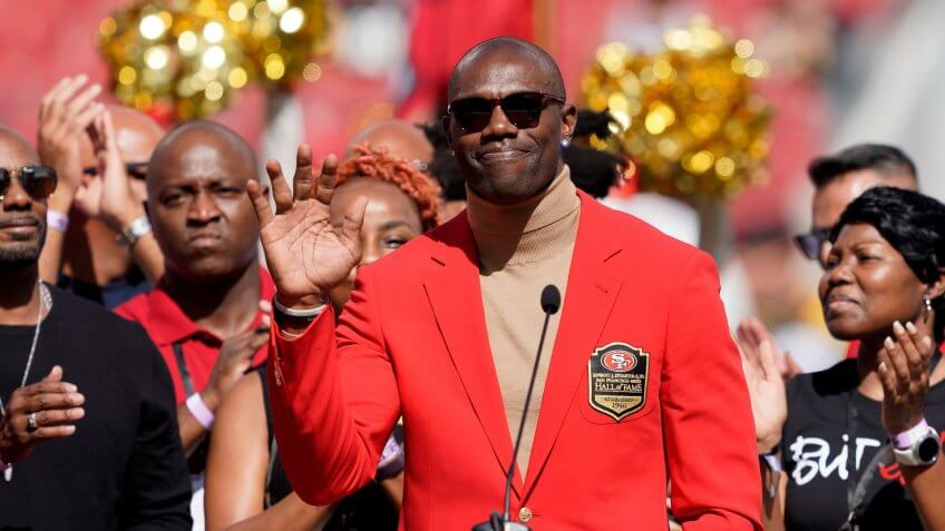 Mandatory Credit: Photo by Tony Avelar/AP/Shutterstock (10421026el)Former San Francisco 49ers wide receiver Terrell Owens waves during a ceremony as he is inducted into the team's Hall of Fame during halftime of an NFL football game between the 49ers and the Pittsburgh Steelers in Santa Clara, CalifSteelers 49ers Football, Santa Clara, USA - 22 Sep 2019.