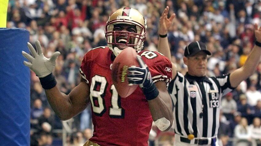 Mandatory Credit: Photo by Tim Sharp/AP/Shutterstock (6431948b)OWENS FREEMAN San Francisco 49ers Terrell Owens (81) dances in the end zone as Back Judge Steve Freeman, back, signals touchdown in the second half, at Texas Stadium in Irving, Texas49ERS COWBOYS, IRVING, USA.