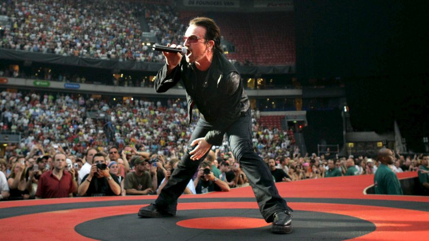 Irish Rockgroup U2 Performs in Packed Amsterdam Arena Late Wednesday 13 July 2005 U2 Will Give Two More Sold out Concerts in the Netherlands During Their Vertigo 2005 Tour Netherlands AmsterdamNetherlands Music U2 Vertigo Tour - Jul 2005.