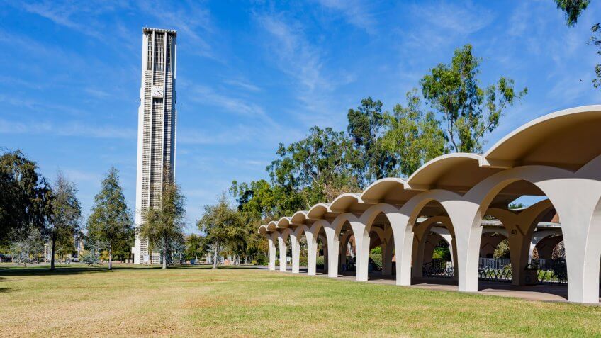 Afternoon sunny view of the Bell Tower of UC Riverside at California.