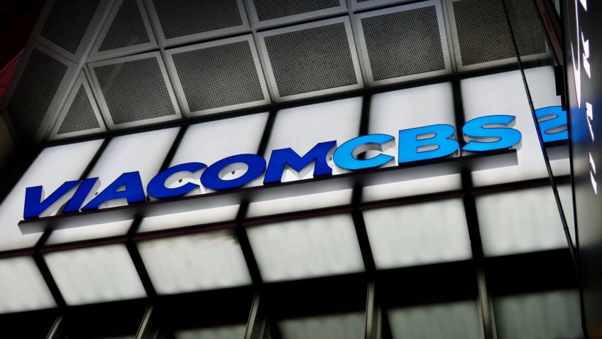 NEW YORK - DECEMBER 12, 2019: VIACOMCBS brand logo sign at headquarters building entrance at Times Square.