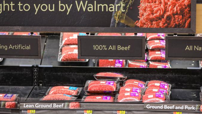 Las Vegas, NV, USA 11/5/2019 — A half empty shelf of ground beef at a midnight Walmart Supercenter store in Southern Nevada.