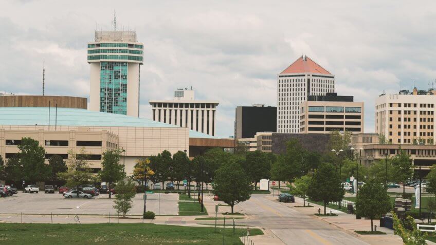 Wichita Kansas Skyline with Many Buildings.