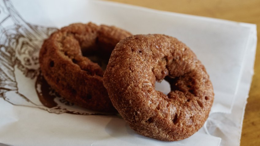 Waterbury, Vermont - September 29th, 2019: Apple cider donuts at Cold Hollow Cider in Waterbury, Vermont.