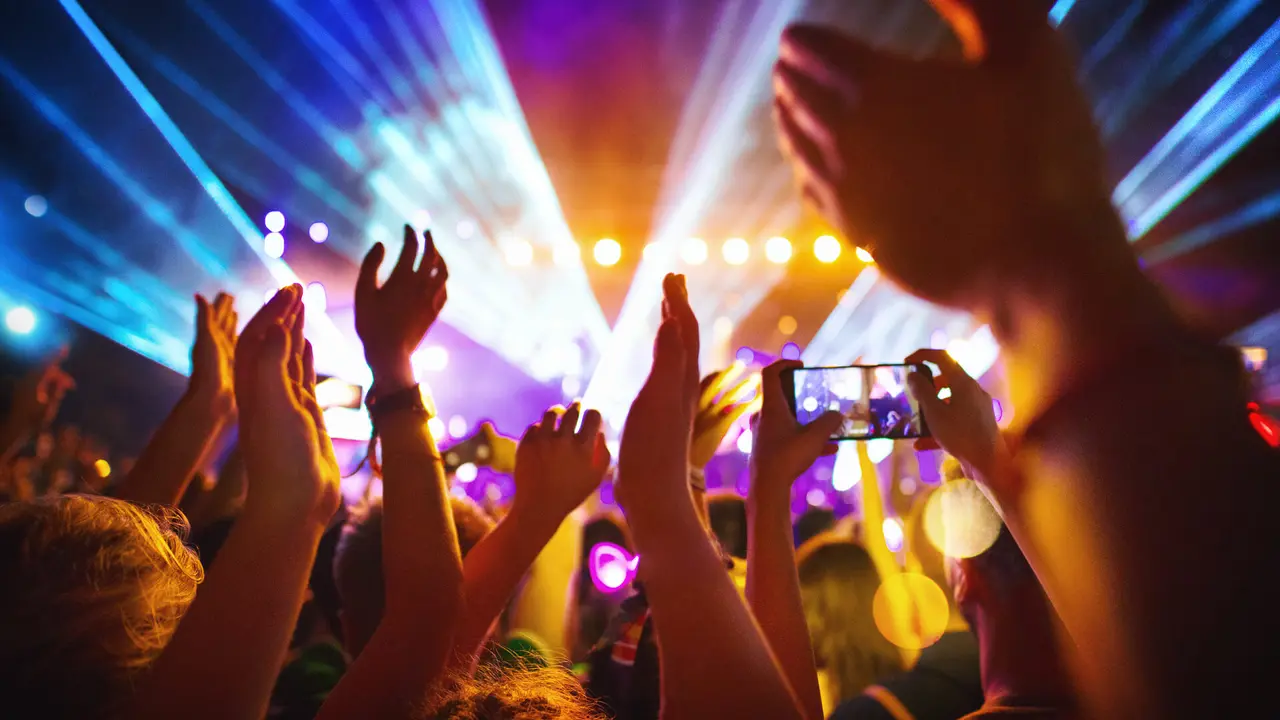 Rear view of excited crowd enjoying a DJ performance at a festival.
