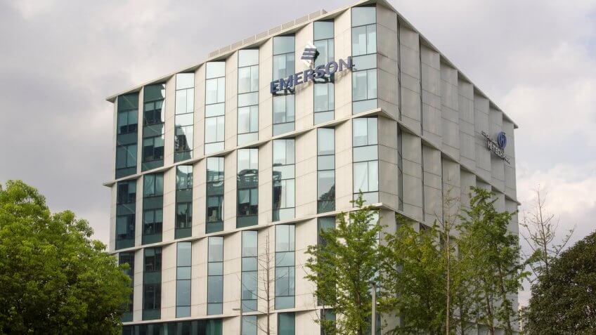 Shanghai, China - Aug 20, 2019: The Emerson logo at Emerson Electric Shanghai Office in Caohejing Hi-Tech Park.
