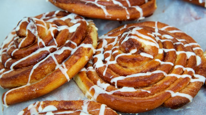 Closeup of fresh baked cinnamon rolls at Delaware farm market.