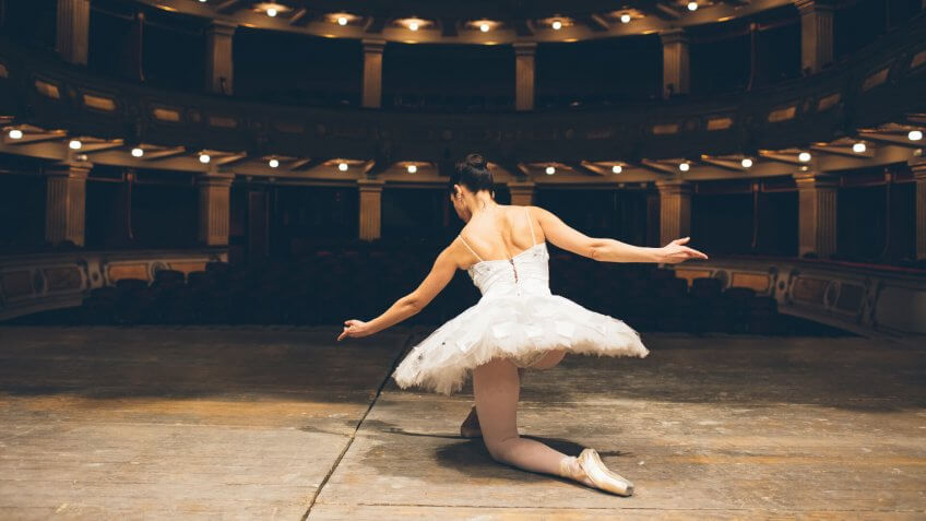 Ballerina with white tutù in a theater.