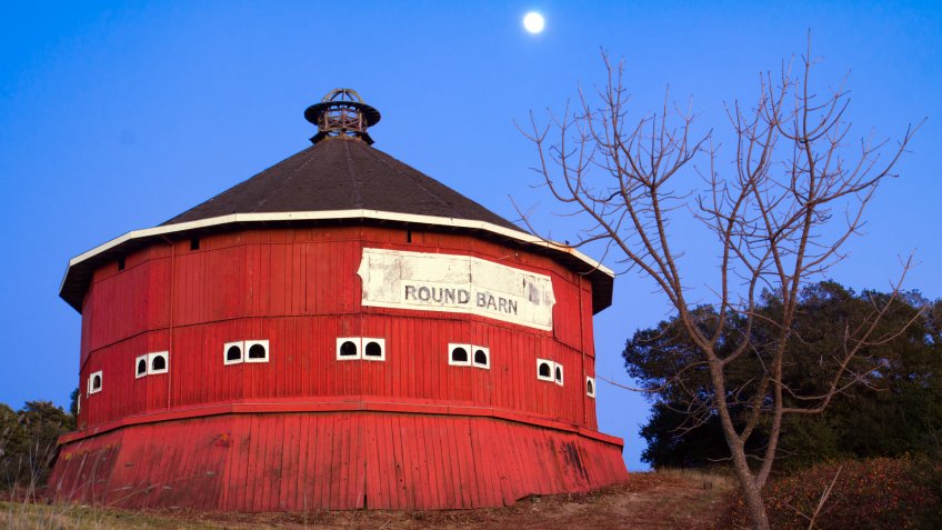 Round red barn at Fountaingrove Santa Rosa, California.