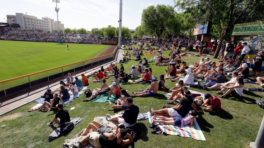 Scottsdale Stadium Fans watch an exhibition spring training baseball game between the San Francisco Giants and the San Diego Padres from lawn seating in the outfield at Scottsdale Stadium on in Scottsdale, ArizPadres Giants Spring Baseball, Scottsdale, USA.
