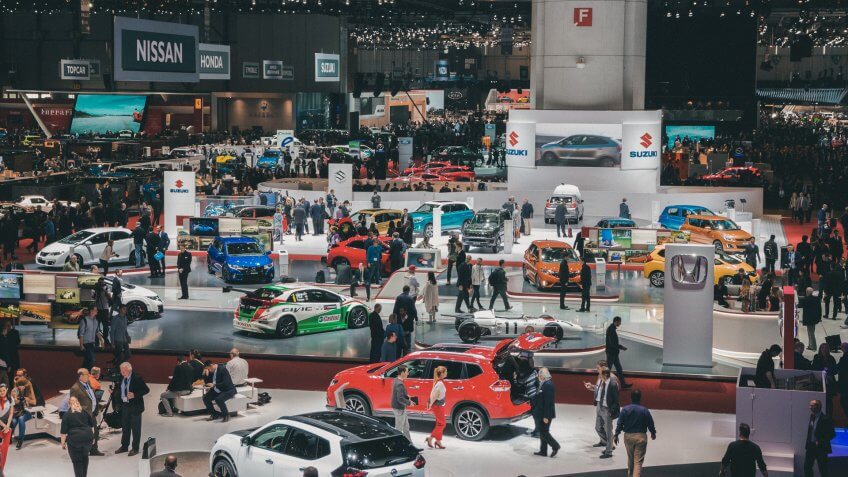 Geneva, Switzerland - March 1, 2016: People and cars at the 86th International Geneva Motor Show in Palexpo, Geneva.