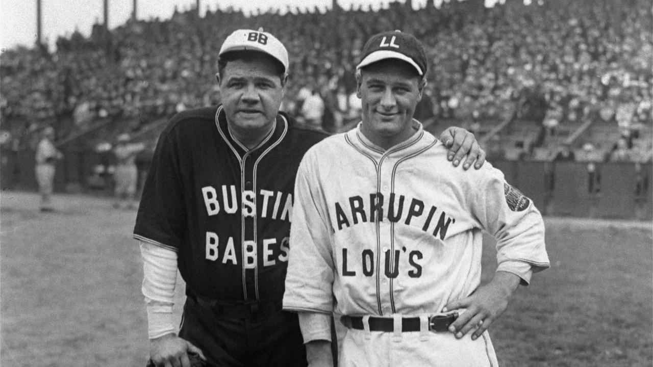 Just a few days after sweeping the Pittsburgh Pirates in the World Series, New York Yankees stars Babe Ruth, left, and Lou Gehrig pose at an exhibition game during a postseason barnstorming tour, October 1927.