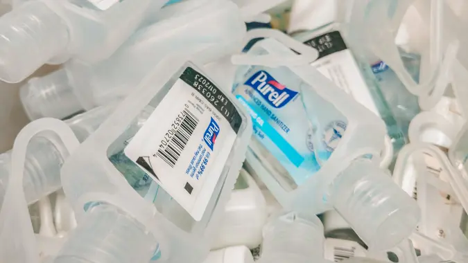 Seattle, WA / USA - circa March 2020: Bin filled with small Purell hand sanitizer bottles, perfect for attaching to bags.