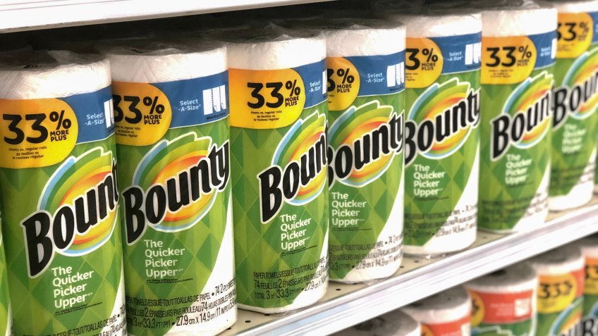 Black Mountain, NC / USA - May 30, 2019: This is a color photo of Bounty brand paper towels which are known as the quicker picker upper.