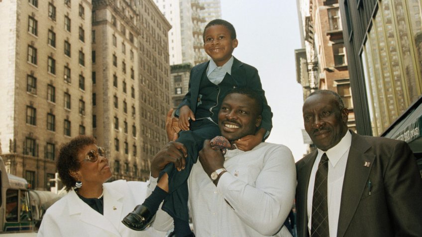 Mandatory Credit: Photo by Dave Pickoff/AP/Shutterstock (7325892a)George and Ann Smith with their son Buffalo Bills 1st choice, Bruce Smith and nephew KevinBruce Smith and Family.