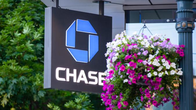 Portland, OR / USA - July 11 2018: Chase bank logo banner on the building.