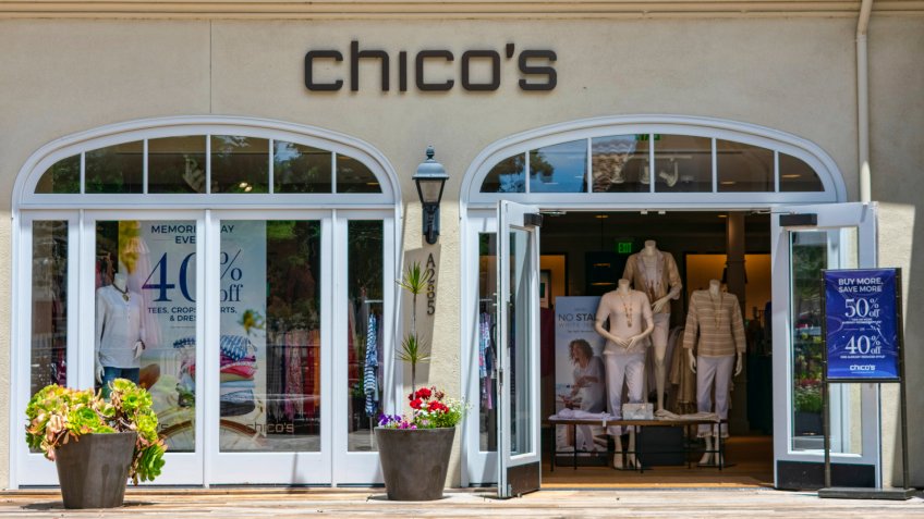 Chico's retail store entrance, exterior and trademark logo.