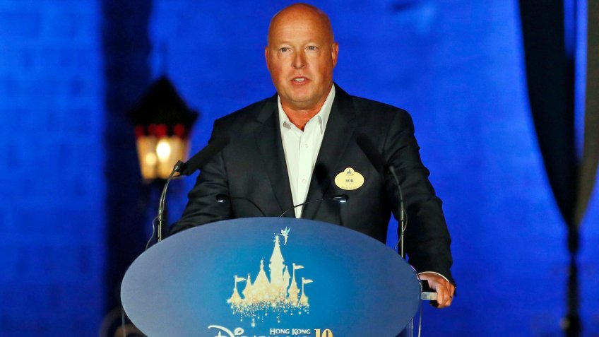Mandatory Credit: Photo by Kin Cheung/AP/Shutterstock (10567205b)Chairman of Walt Disney Parks and Resorts Bob Chapek speaks during a ceremony at the Hong Kong Disneyland, as he celebrates the Hong Kong Disneyland's 10th anniversary.