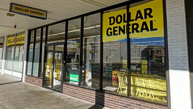 HDR image, Dollar General discount retailer store entrance - Revere, Massachusetts USA - November 23, 2017.