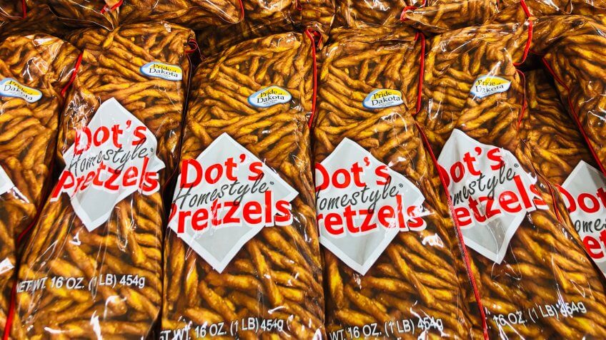Forest Lake, MN - August 31, 2019: Bags of Dots Homestyle Pretzels for sale in a grocery store.