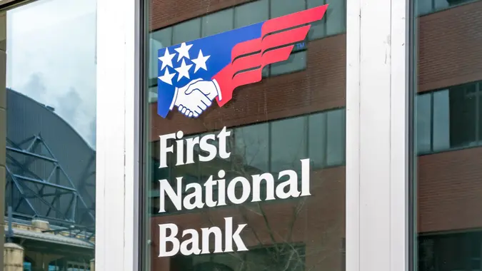 Pittsburgh, Pennsylvania, USA - January 11, 2020: Sign and logo of First National Bank on the building Pittsburgh, Pennsylvania, USA.