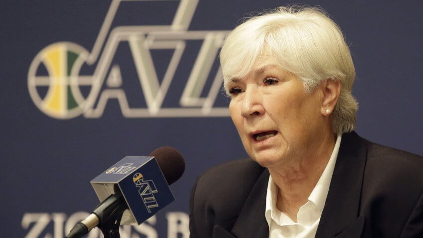 Mandatory Credit: Photo by Rick Bowmer/AP/Shutterstock (6125694a)Gail Miller Utah Jazz owner Gail Miller speaks during an news conference introducing Quin Snyder as the new Utah Jazz head coach, in Salt Lake City.