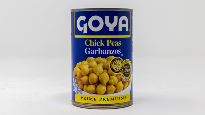 Windsor Locks, Connecticut / USA - April 1 2019: A single can of Goya Chick Peas with a white background.