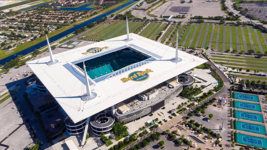 Miami Gardens, Florida/USA - November 29, 2019: Aerial view, drone photography of Hard Rock Stadium of the Miami Dolphins.