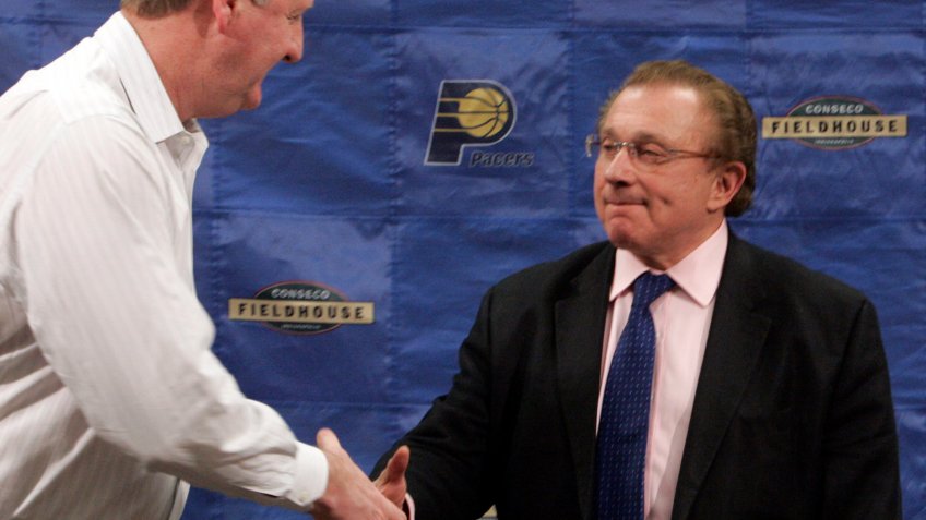 Mandatory Credit: Photo by Aj Mast/AP/Shutterstock (5993094a)Larry Bird, Herb Simon Larry Bird, President of Basketball Operations for the Indiana Pacers, left, shakes hands with team co-owner Herb Simon after a press conference held to announce that team President and CEO Donnie Walsh will be leaving the organization in Indianapolis, .