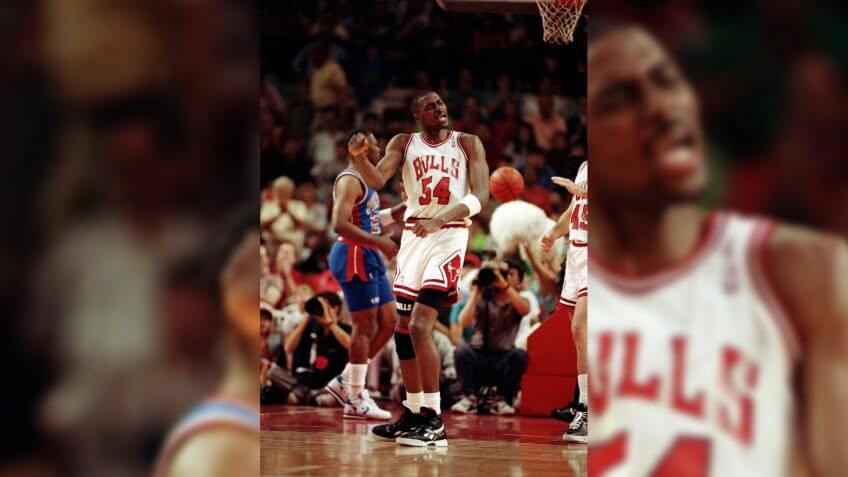 Chicago Bulls Horace Grant reacts during game 4 of the Eastern Conference playoffs against the Detroit Pistons, Chicago, IllCHICAGO BULLS VS DETROIT PISTONS, CHICAGO, USA.