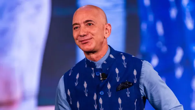 Amazon CEO Jeff Bezos with Amazon India Chief Amit Agarwal, during the Amazon's annual Smbhav event