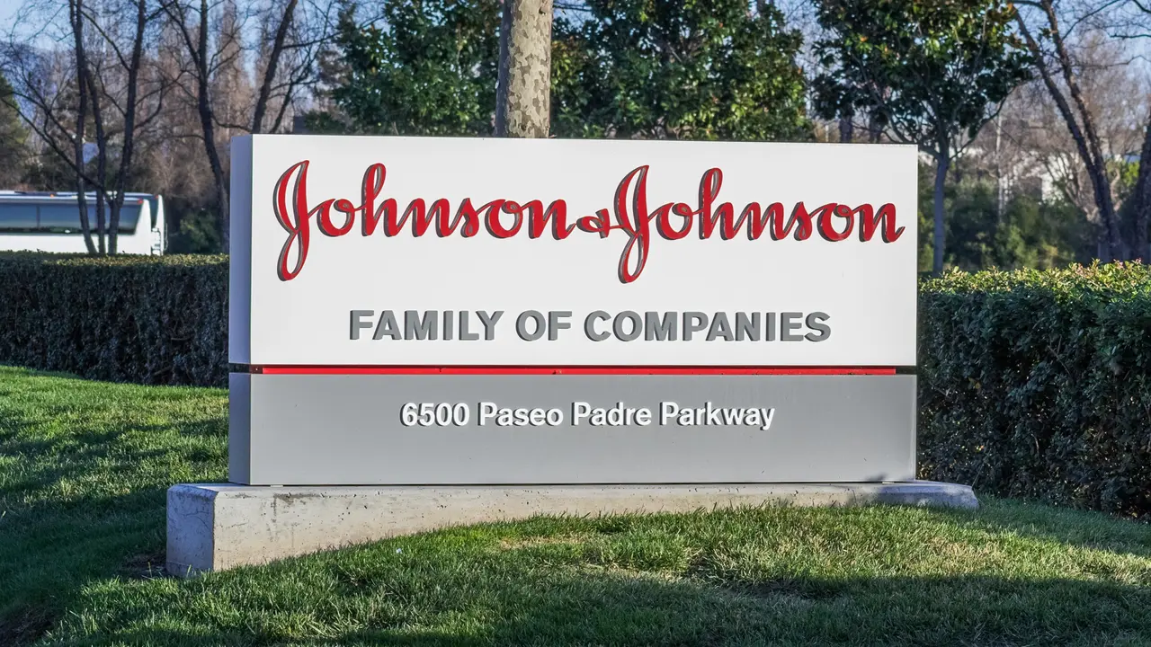 February 3, 2018 Fremont / CA / USA - Johnson & Johnson logo in front of one of their office buildings, Fremont, East San Francisco bay area, California.