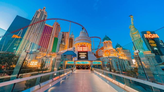 Las Vegas, MAR 25, 2020 - Dusk special lockdown cityscape of the famous Strip and New York New York Hotel & Casino.