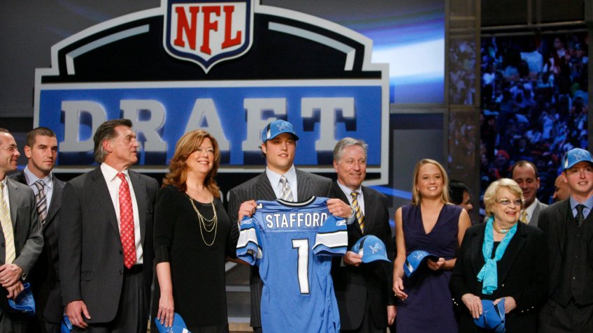 Mandatory Credit: Photo by Jason Decrow/AP/Shutterstock (6032838c)Matthew Stafford Georgia's Matthew Stafford, on stage with his family after being selected as the first overall pick by the Detroit Lions during the first round of the NFL football draft at Radio City Music Hall, in New YorkNFL Draft Football, New York, USA.