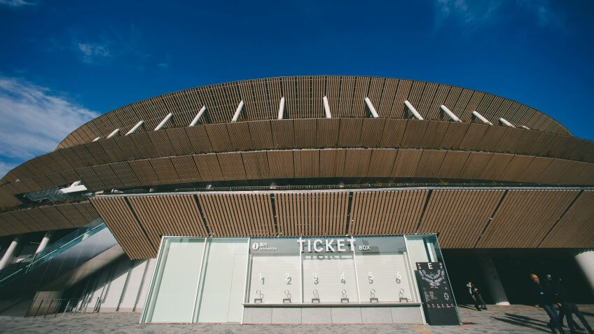 Mandatory Credit: Photo by Jae C Hong/AP/Shutterstock (10505937p)Members of the media walk past the new National Stadium, in TokyoOlympics Stadium Debut, Tokyo, Japan - 15 Dec 2019.