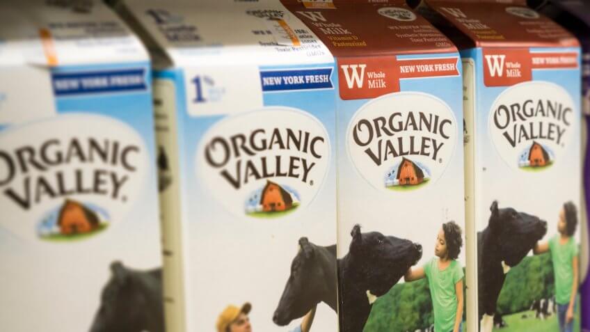 New York NY/USA-April 14, 2016 Containers of Organic Valley brand organic milk in a supermarket.