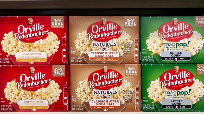 Fargo North Dakota/ USA- March 07, 2020 - A Boxes of Orville Redenbacher's Popcorn on Shelve At Grocery Store, Orville Redenbacher's Popcorn Is A Norton Simon Inc Brand.
